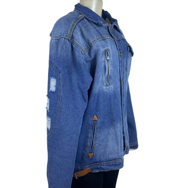 Omoone Women’s Blue Denim Jacket Distressed Pockets Button Closure Sz L