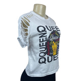 ON FIRE Women Multicolored QUEEN Graphic Cropped Open Sleeve T-Shirt  shirt Sz M