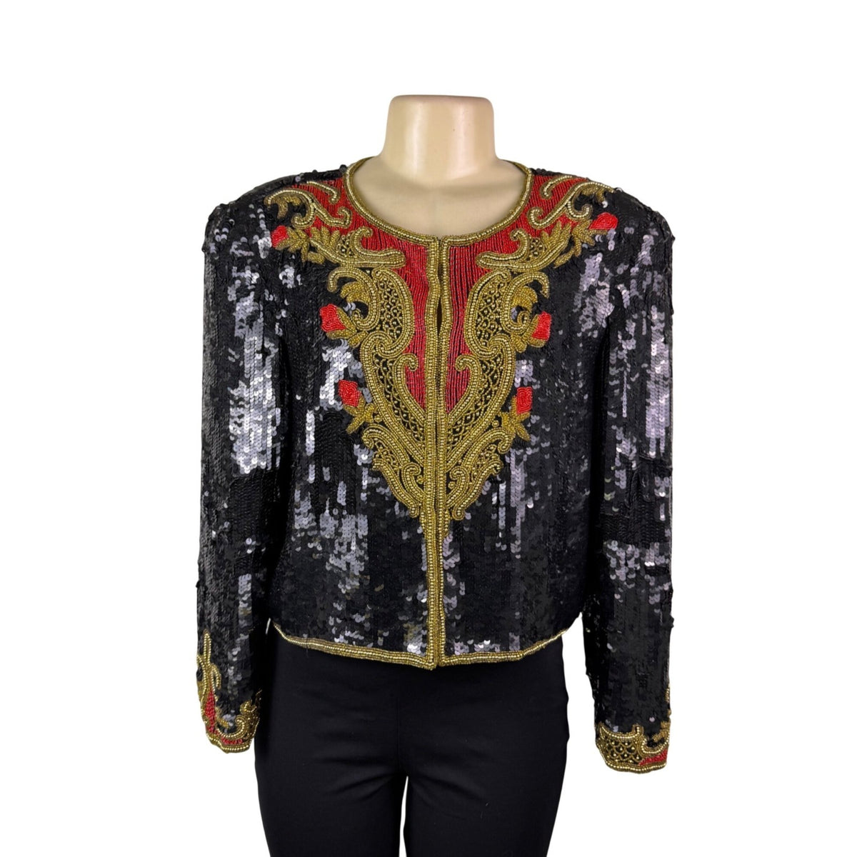 Marie Ellyse Womens Black Sequin & Gold Embellished Silk Cropped Jacket Size L