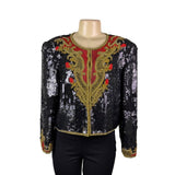 Marie Ellyse Womens Black Sequin & Gold Embellished Silk Cropped Jacket Size L
