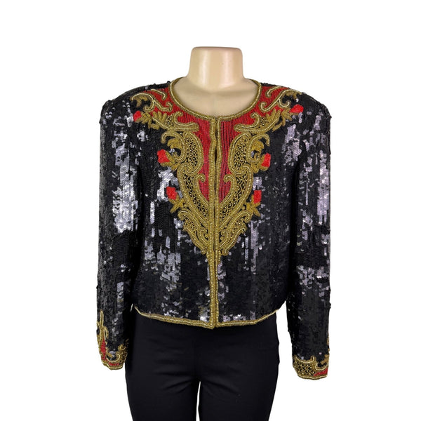 Marie Ellyse Womens Black Sequin & Gold Embellished Silk Cropped Jacket Size L
