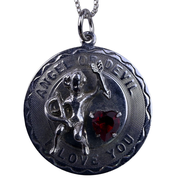 Sterling Silver Women’s Angel/Devil Pendant Necklace With Ruby Heart