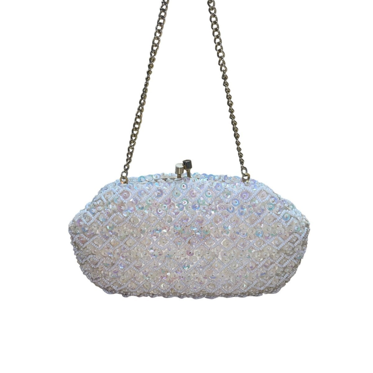 Handmade Women’s White Beaded & Sequin Evening Clutch Bag With Chain Strap