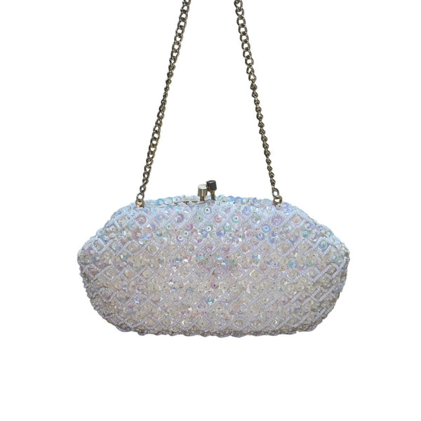 Handmade Women’s White Beaded & Sequin Evening Clutch Bag With Chain Strap