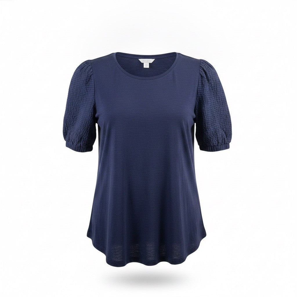 Chicos Womens Navy Cotton Modal Puff Sleeve Textured Top Size XL