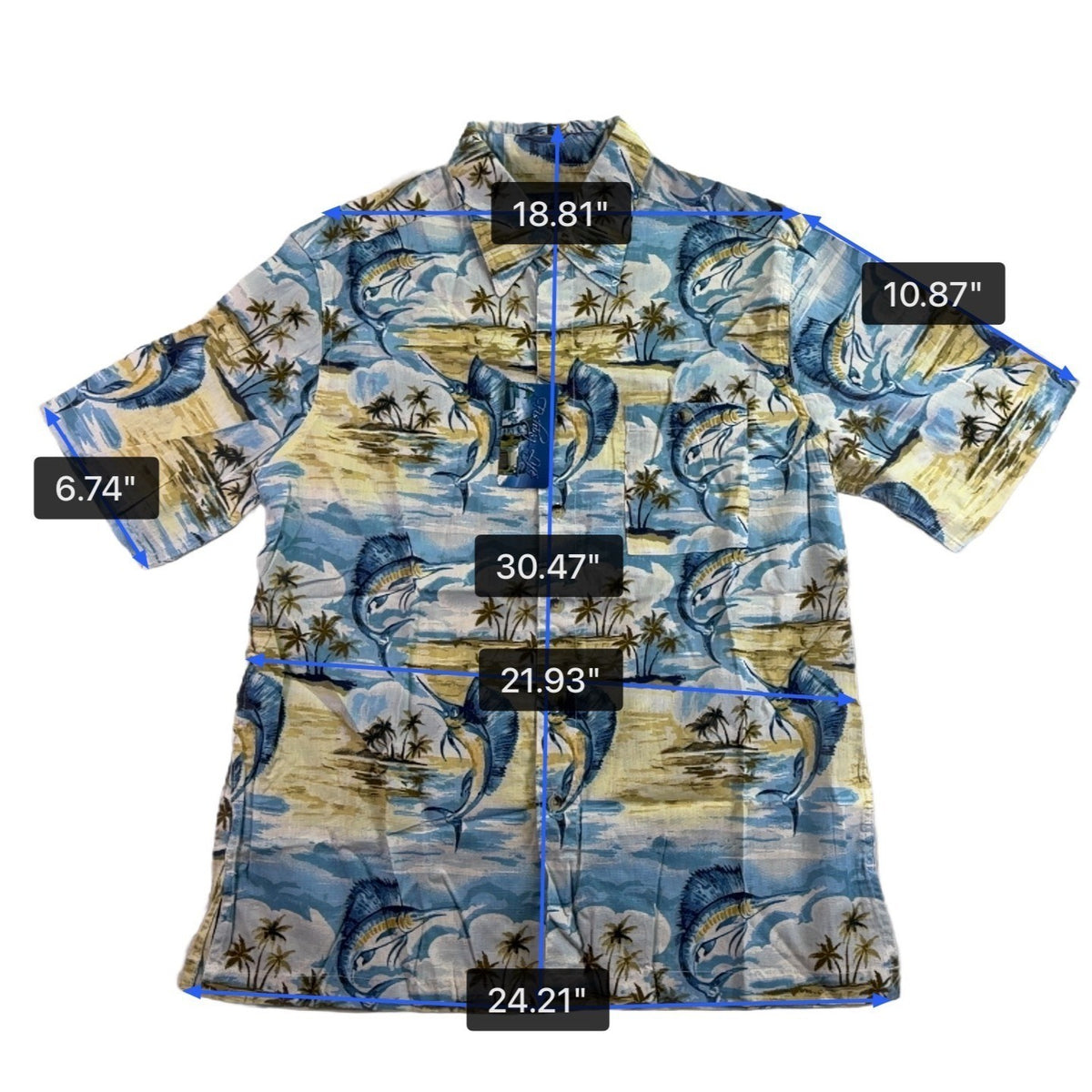Fishing Life Mens Blue Hawaiian Fishing Shirt Short-Sleeve Casual Sz L