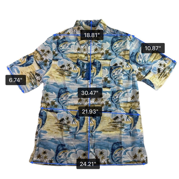 Fishing Life Mens Blue Hawaiian Fishing Shirt Short-Sleeve Casual Sz L