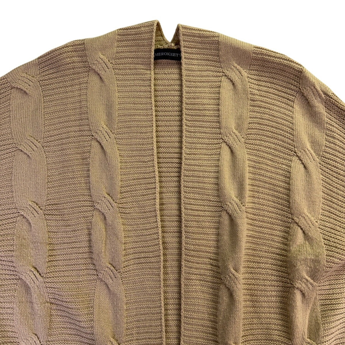 Merokeety Womens Beige Cable Knit Cardigan Sweater Open Front Pockets Size M