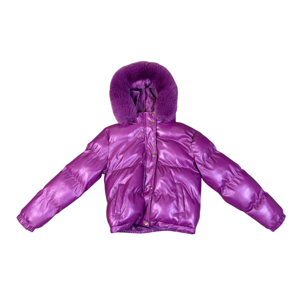 Fashion Nova Girls Purple Puffer Coat Faux Fur Hood Size 14 Y2K Winter