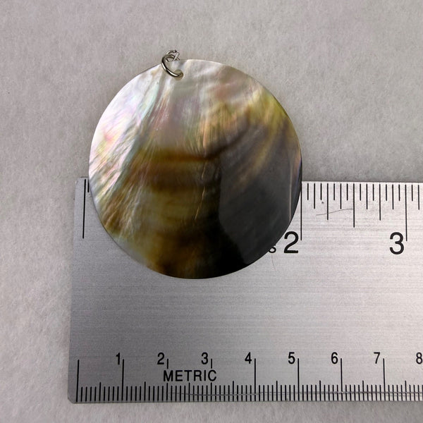 Large Mother Of Pearl Disc Pendant Silver Tone Rainbow Shell Jewelry Component