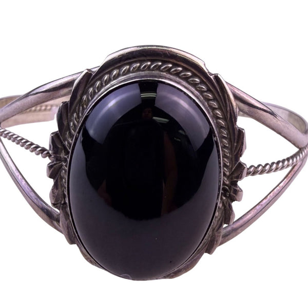 Vintage Navajo Sterling Womens Black Onyx Wide Cuff Bracelet Handcrafted Jewelry