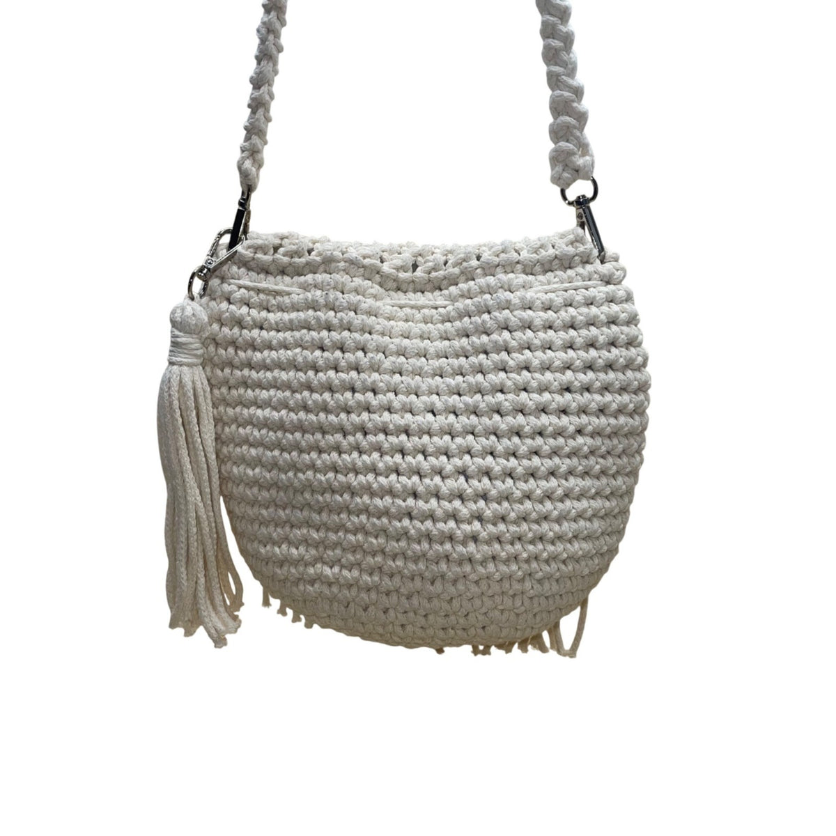 Lucky Hat Women’s White Macrame With Fringe Detail Crossbody Bag