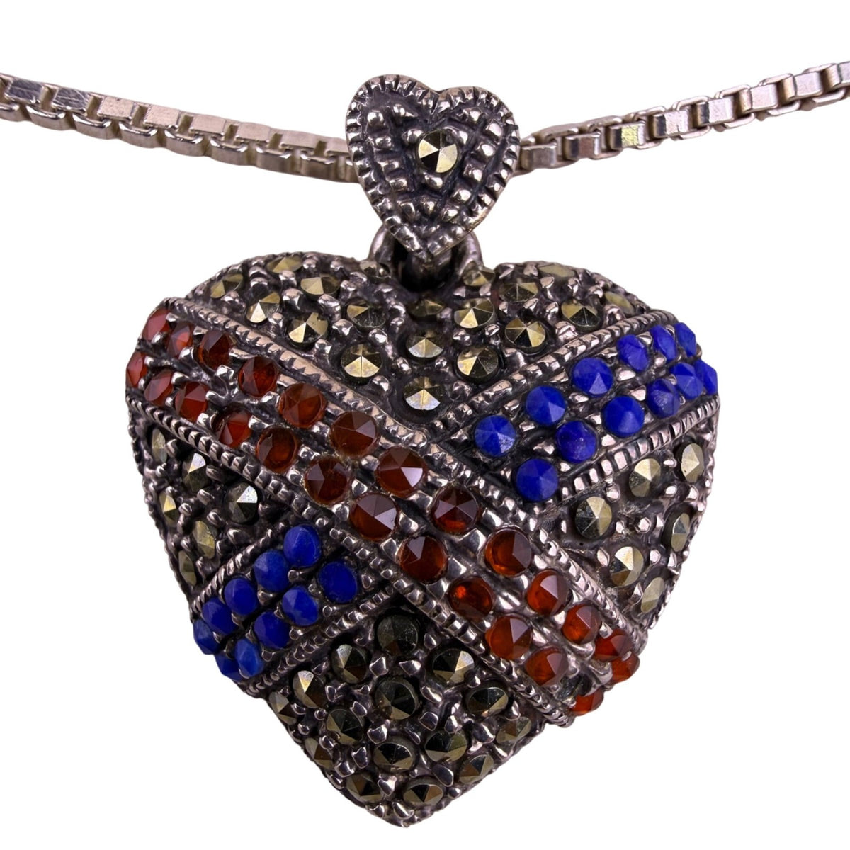 Sterling Silver Womens Multicolor Gemstone Heart Pendant With Chain 