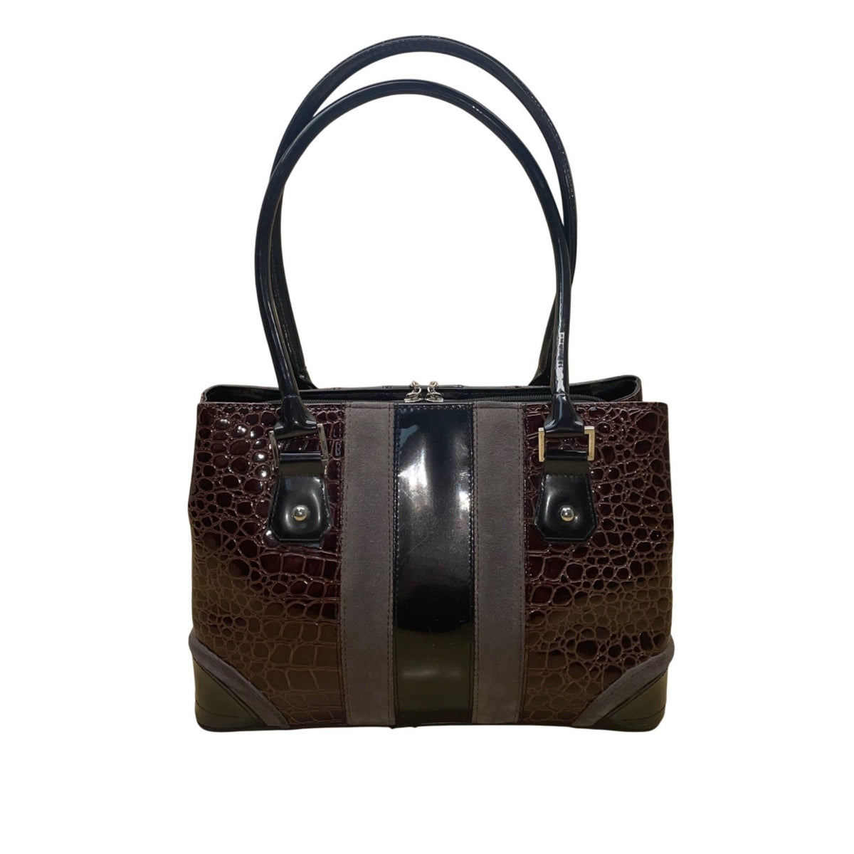 Beijo Women’s Brown & Black Faux Alligator Double Handles Snap Closure Tote Bag