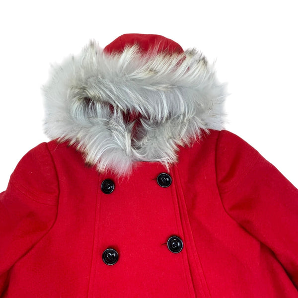 Fayuan Girls Red Double-Breasted Hooded Coat Real Fur Trim Jacket