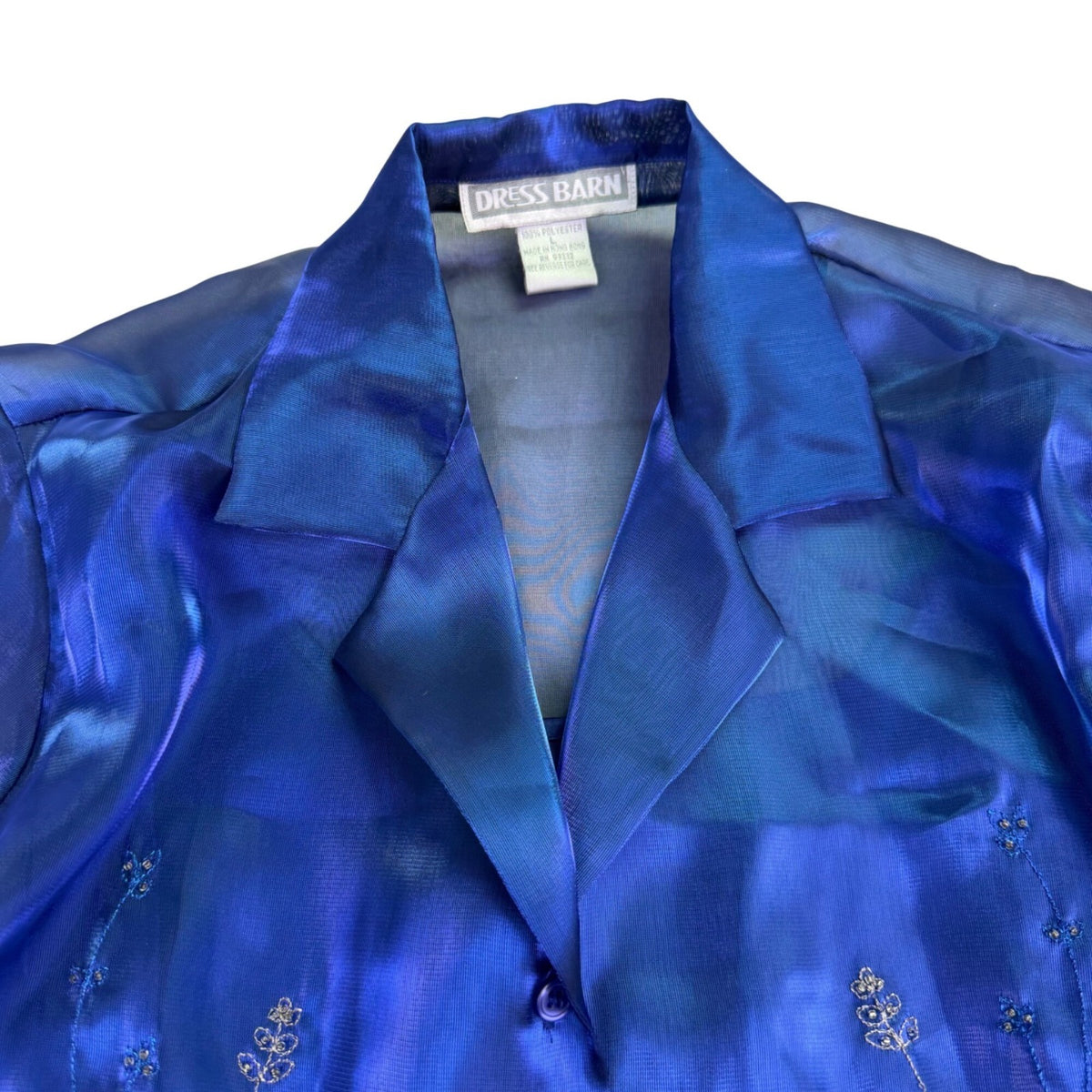 Dress Barn Womens Blue Sheer Embroidered Button-Front Long-Sleeve Blouse Size L