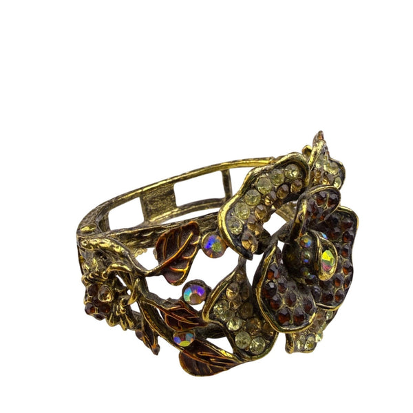 Antique-Style Gold Tone Rhinestone Hinged Floral Bracelet Gold & Brown Colors