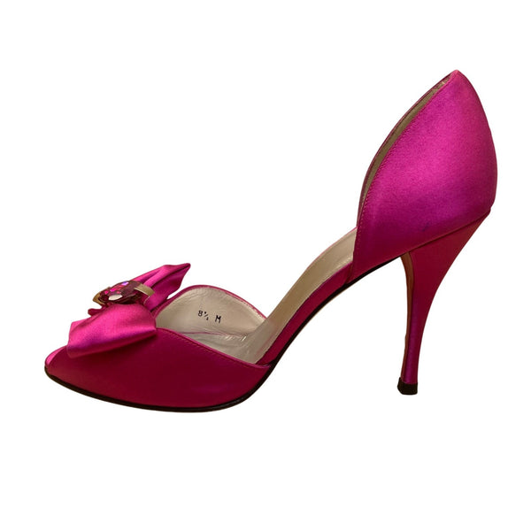Stuart Weitzman Women’s Pink Satin Open Toe Bow Embellished DOrsay Heel Sz 8.5