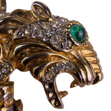 Vintage Gold Tone Brooch Green Crystal Two Lion Heads Rhinestone Accents