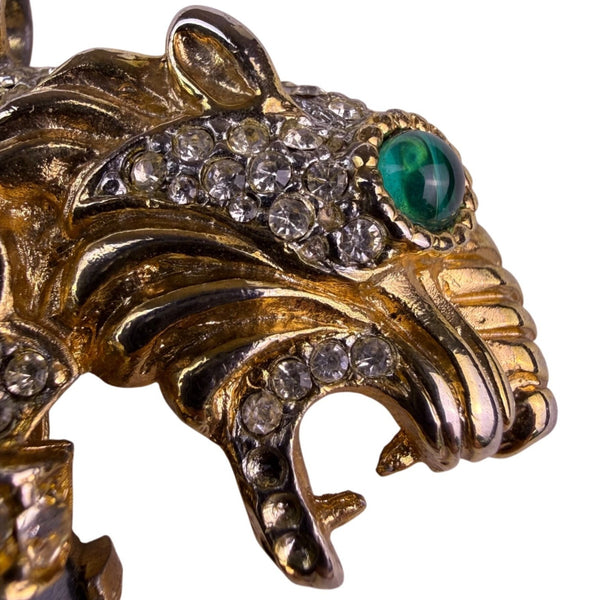 Vintage Gold Tone Brooch Green Crystal Two Lion Heads Rhinestone Accents