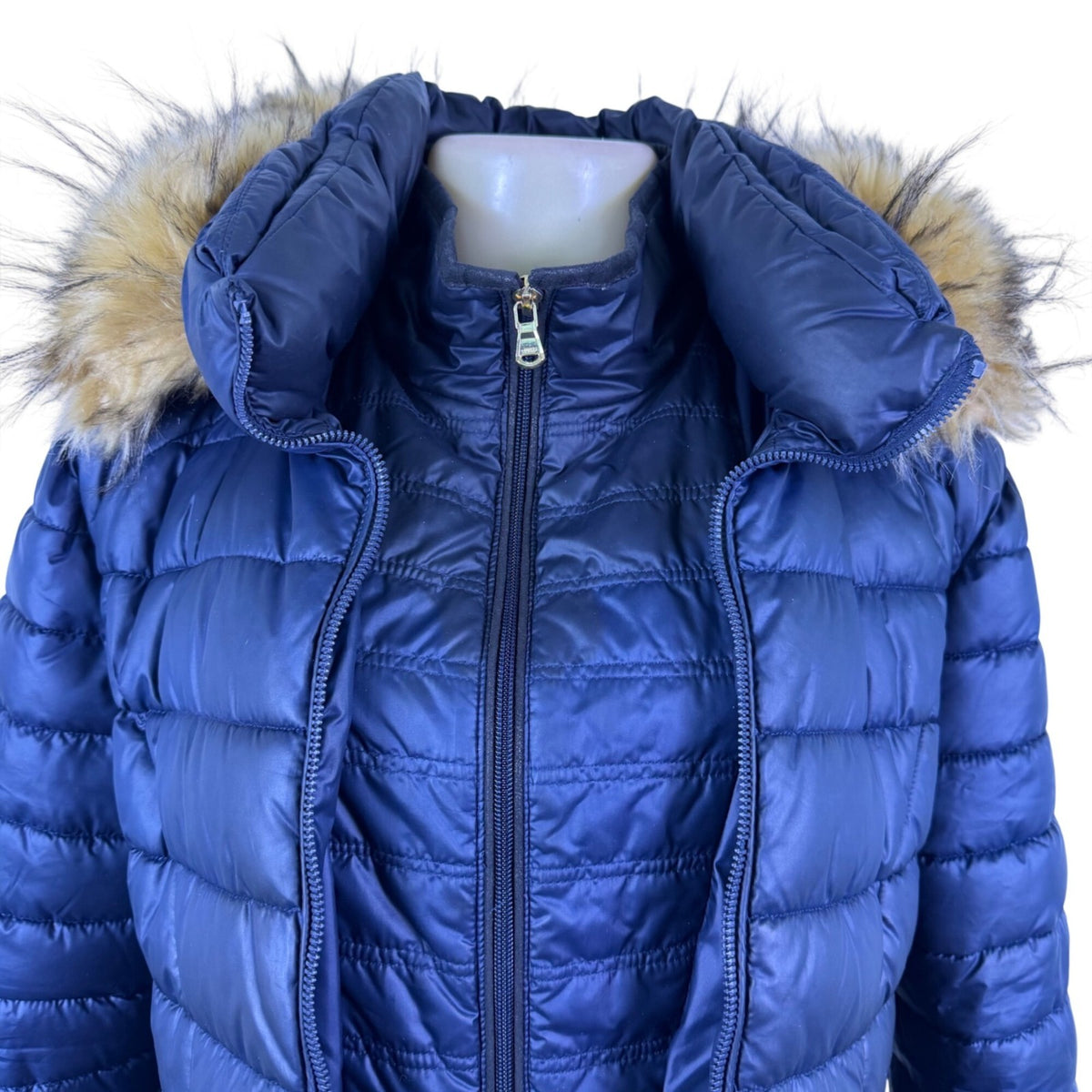 Guess Womens Navy Puffer Coat Faux Fur Hood Quilted Design Knee-Length Sz L