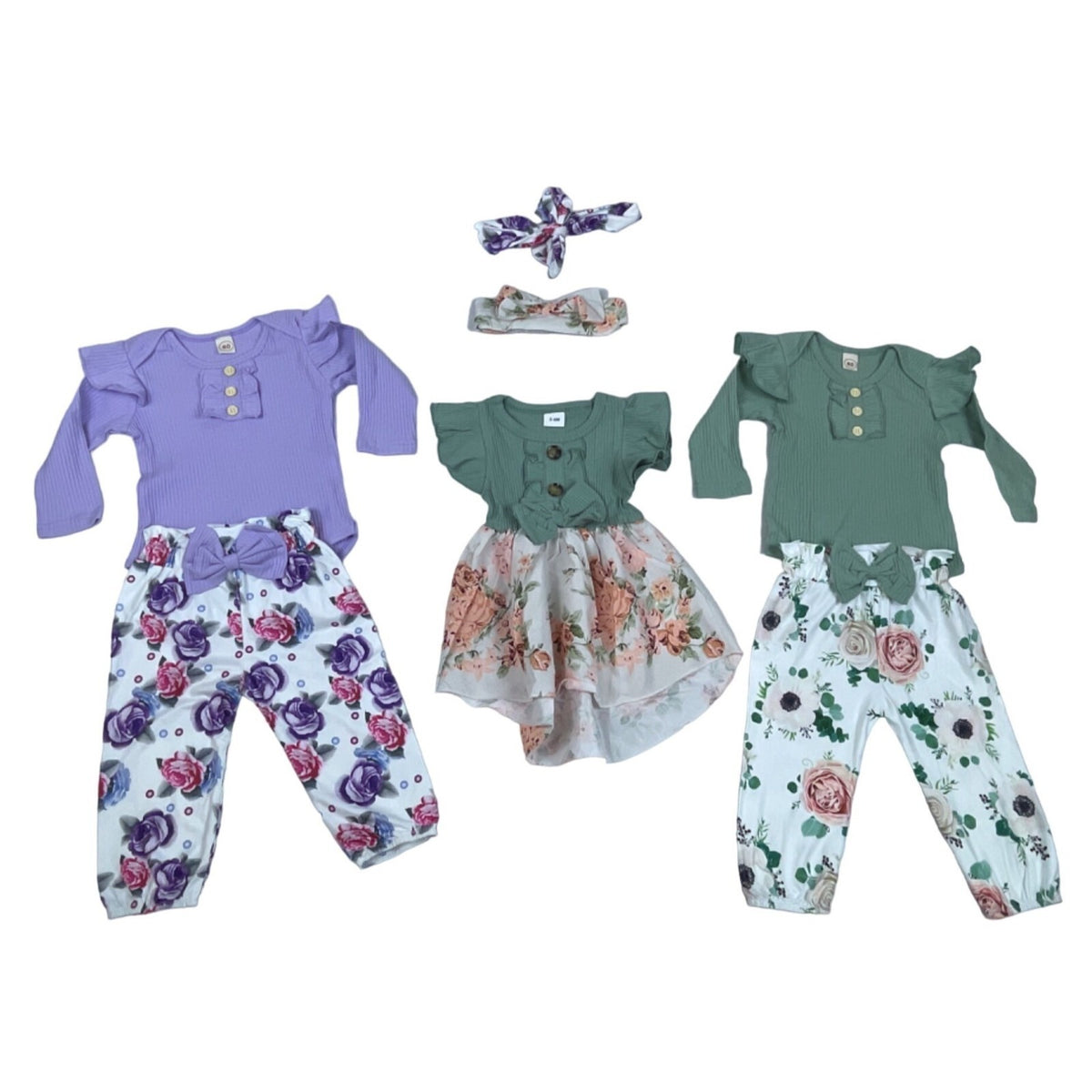 Shenzhen Toddler Girl's Green and Purple 3-Piece Florals Set Sz 3-6M