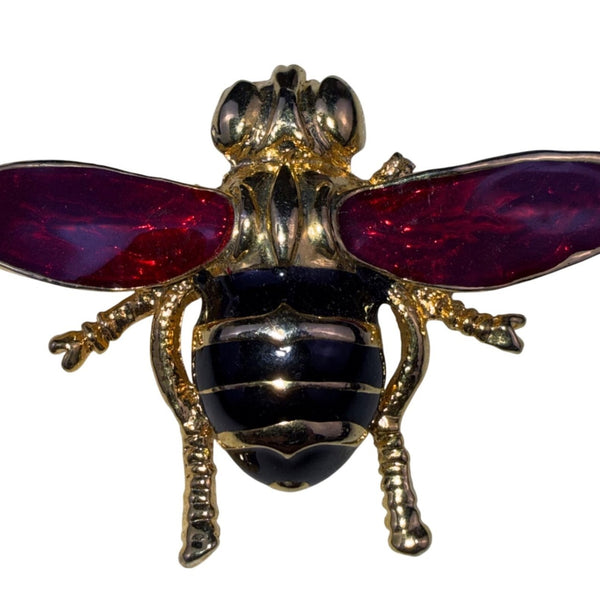 Gold Tone Enamel Bee Brooch Red Wings Enameled Detail Jewelry Pin Vintage