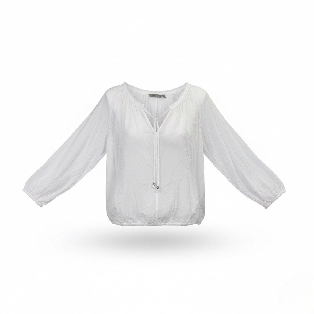 Sandwich Womens White Cotton Boho Blouse Lightweight Drawstring 3/4 Sleeve S 36