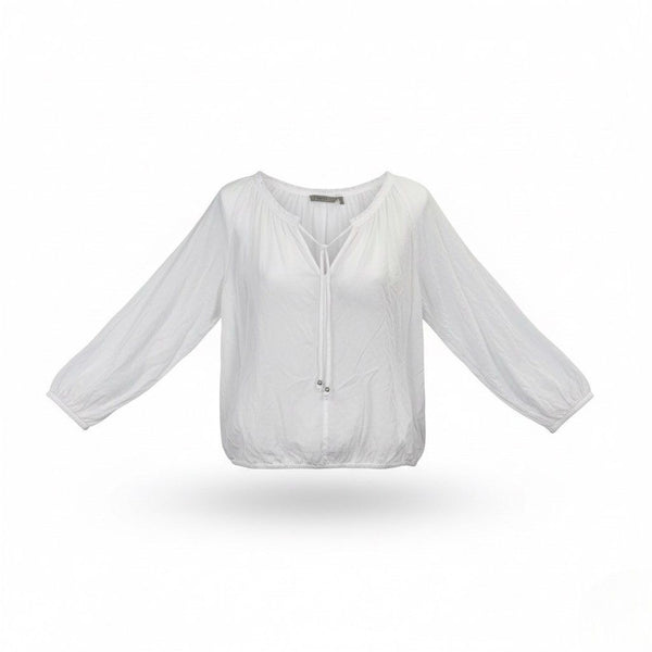 Sandwich Womens White Cotton Boho Blouse Lightweight Drawstring 3/4 Sleeve S 36
