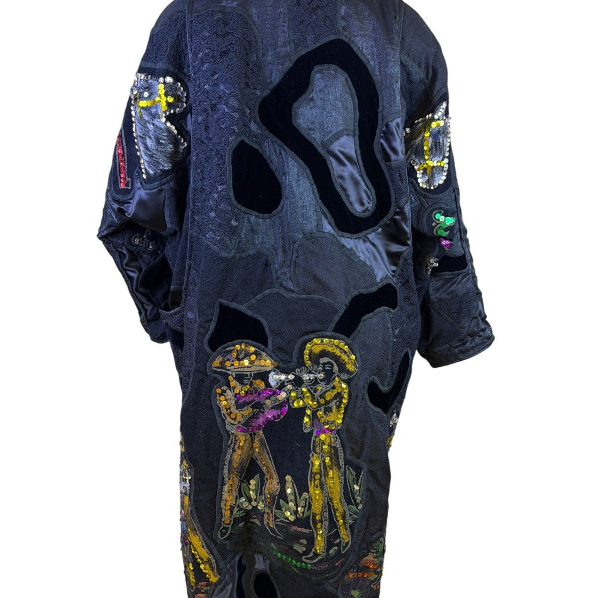 La Coleccion Judith Roberts Black Velvet & Lace Sequined Embroidered Long Coat