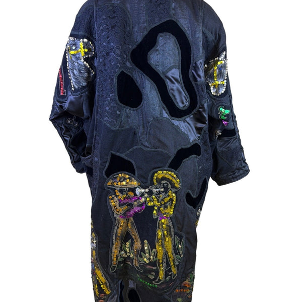 La Coleccion Judith Roberts Black Velvet & Lace Sequined Embroidered Long Coat
