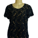 Talbots Petites Black Floral Lace Short Sleeve Top 14P New