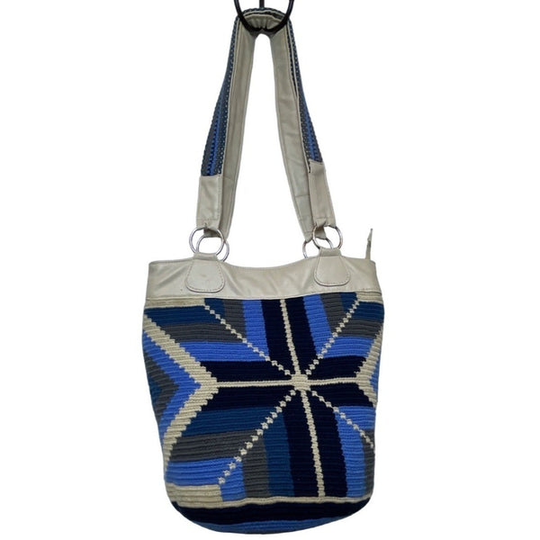 Handcrafted Women's Blue Wool Wayuu Design Ivory Leather Shoulder Bag Sz M
