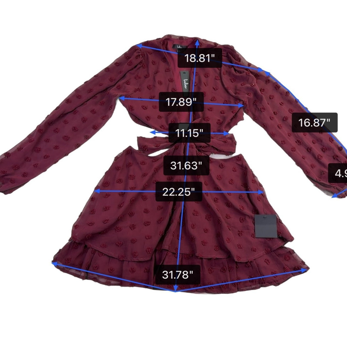 Lulus Womens Burgundy Tie-Front Long Sleeve Dress Ruffle Hem Polka Dot Sz XL