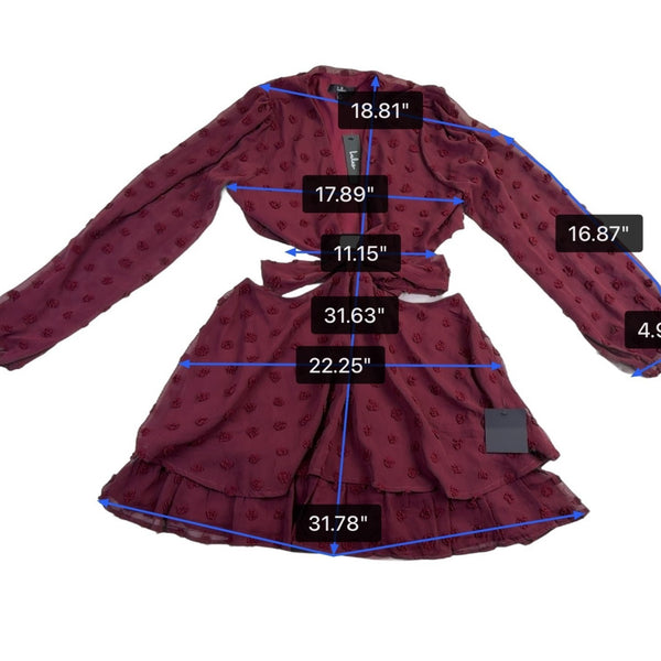 Lulus Womens Burgundy Tie-Front Long Sleeve Dress Ruffle Hem Polka Dot Sz XL