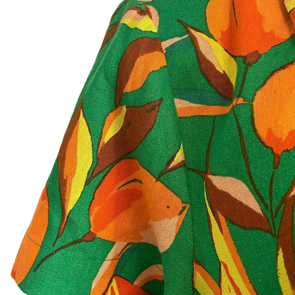 Vintage Green Short-Sleeve Button-Up Blouse With Orange Fruit & Leopard Print Li