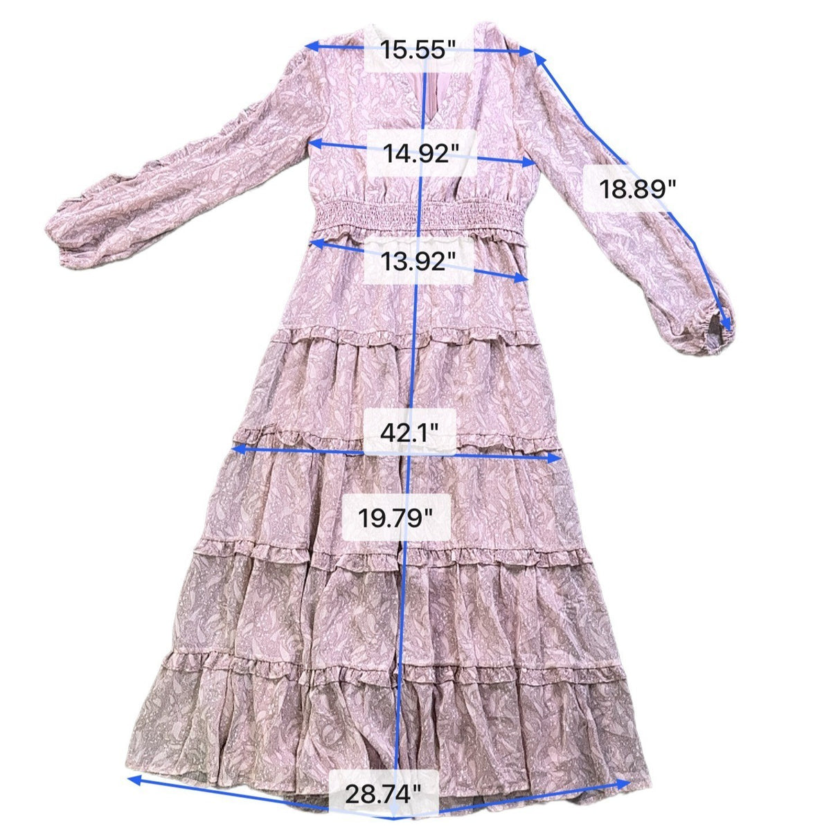 Storia Womens Pink Tiered Maxi Dress W/ Long Sleeves Textured Floral Sz M