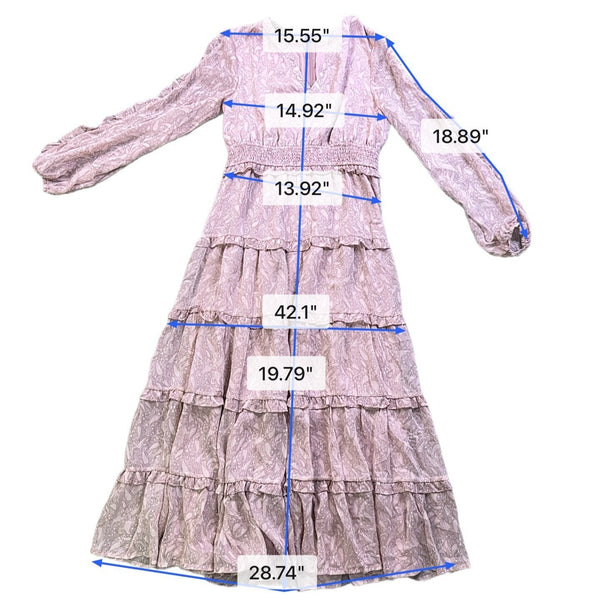 Storia Womens Pink Tiered Maxi Dress W/ Long Sleeves Textured Floral Sz M