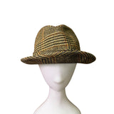Vintage Unisex Yellow Plaid Wool Fedora Hat Checked Dupont Repel Feather Trim