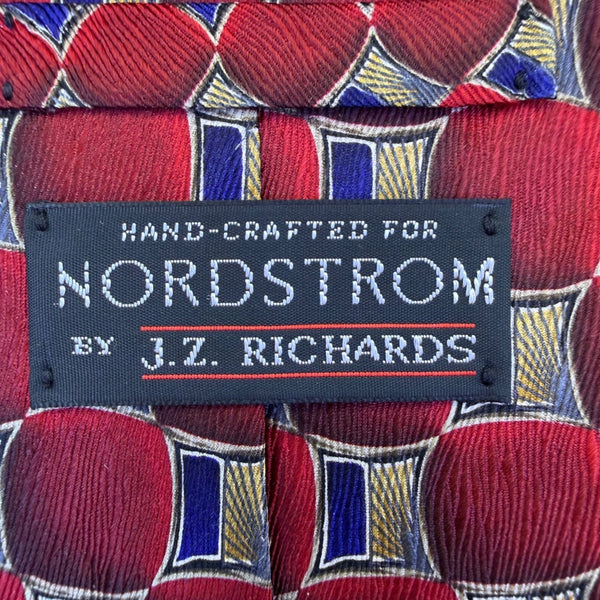 Nordstrom Mens Red & Blue Silk Geometric Patterned Neck Tie Handmade In USA