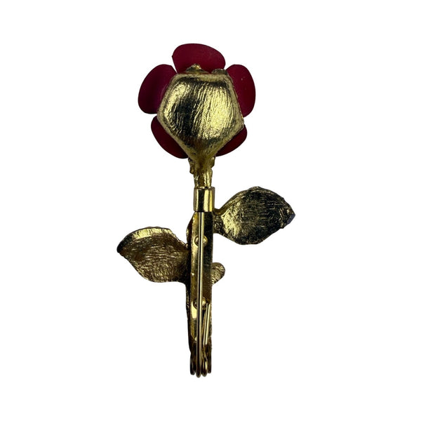 Womens Gold Tone & Red Metal Rose Brooch Floral Pin Vintage Design