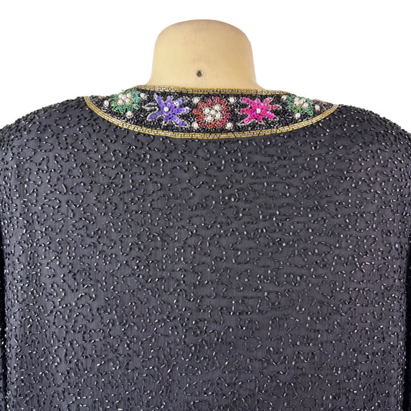 Lawrence Kazar Womens Black Beaded Silk  Jacket & Top Floral Embellished Sz 2X