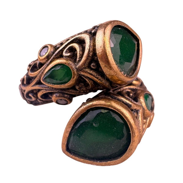 Vintage Ornate Brass Snake Ring With Cabochon Green Stone Accents Size 8 
