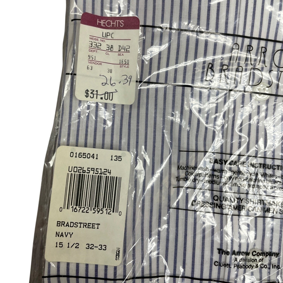 Vtg Arrow Bradstreet Mens Navy White Stripe Long Sleeve Shirt  Sz 15 1/2 - New