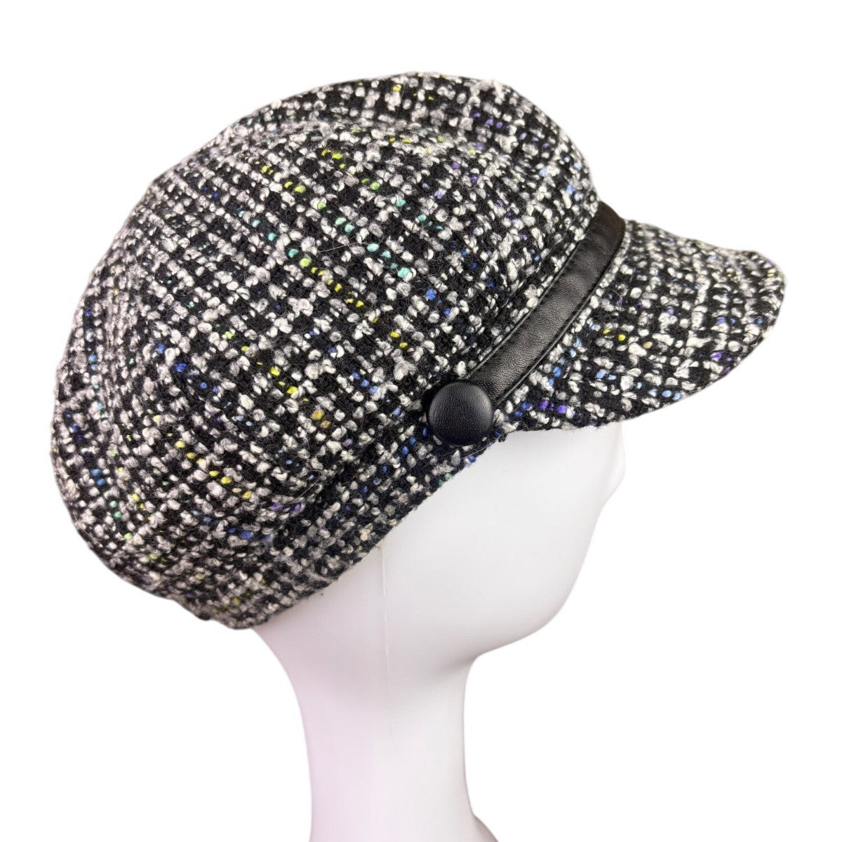 Nine West Womens Black Wool Newsboy Cap Button Tweed OS