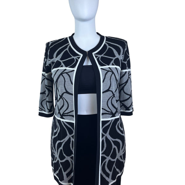 Misook Womens Black & White Knit Open Cardigan Sweater Abstract Pattern Sz XL