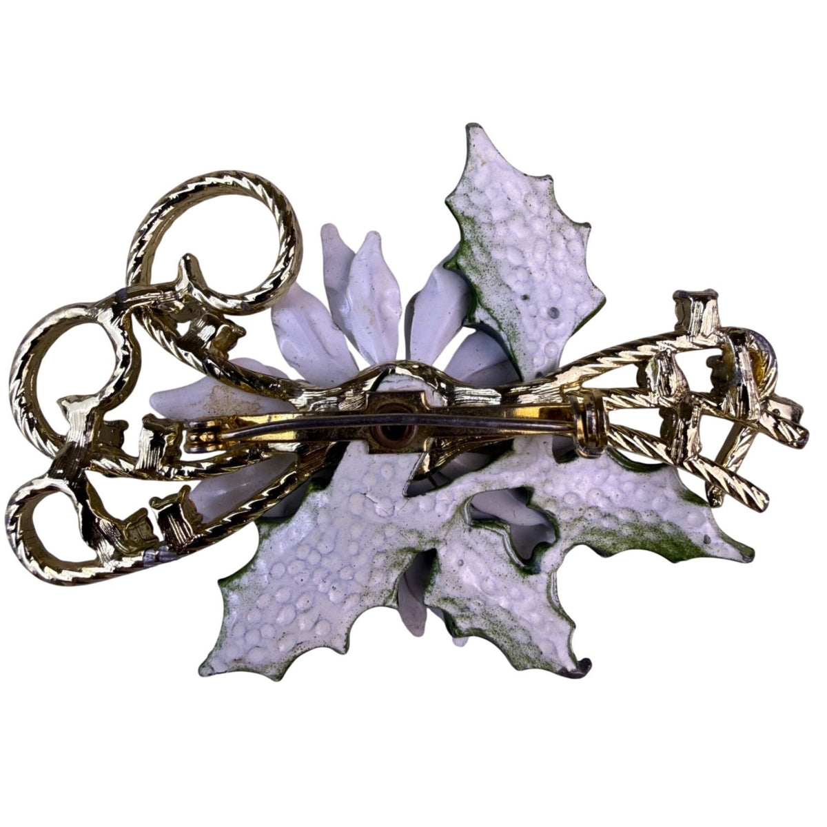 Vintage Womens Gold Tone & Enamel Poinsettia Brooch White Flower Rhinestone