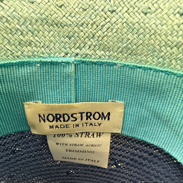 Vtg Nordstrom Blue Straw Hat W/ Pink Floral Accent & Green Ribbon Embellishment