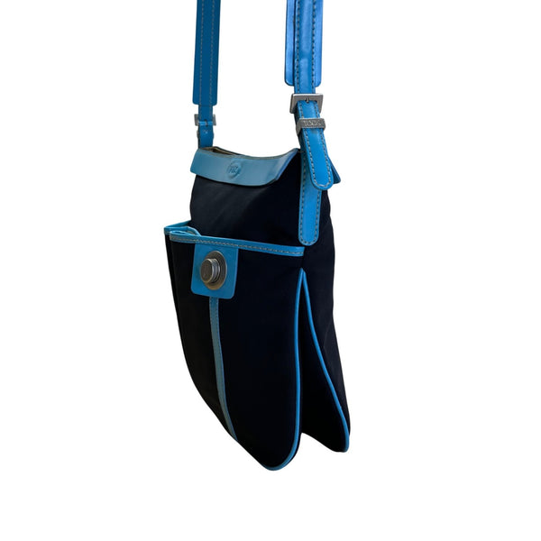 Tod’s Black & Blue Nylon Leather Trim With Silver Turn Lock Crossbody Bag