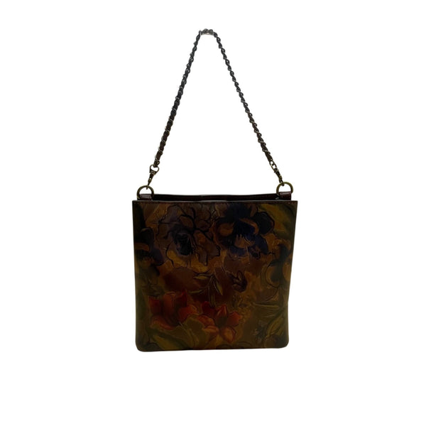 Patricia Nash Womens Brown Leather Floral Embossed Chain Strap Shoulder Tote Bag